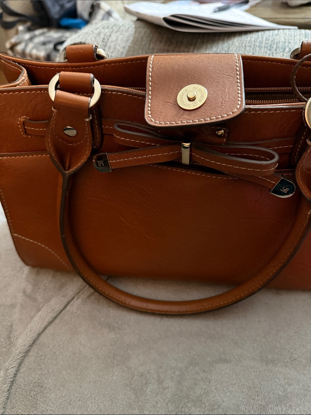 Liz Claiborne Tan Leather Satchel with Bow Accent
